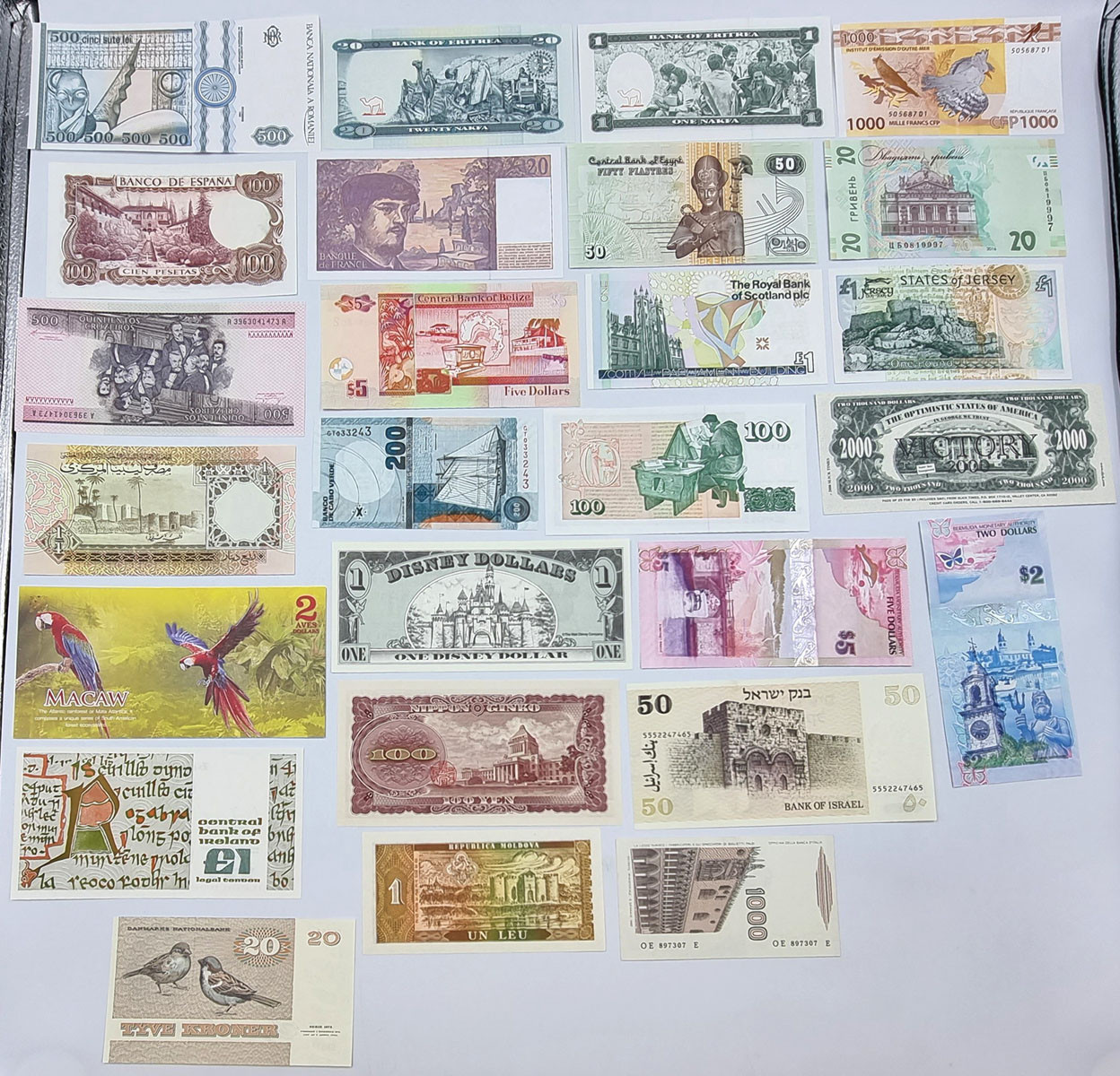 Świat - Rumunia, Dania, Irlandia, Hiszpania, Brazylia, Erytrea, Francja, Mołdawia, Włochy, Izrael, Egipt, Szkocja, Jersey, Ukraina, zestaw 26 sztuk banknoty i pseudobanknoty
